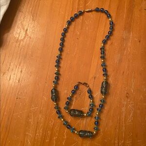 Stunning Murano Glass Blue and Gold Beaded Neclace and Bracelet.